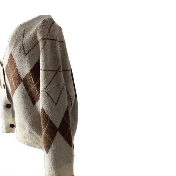 Oak+Fort Women's  Oatmeal/
Brown Size Medium Argyle Cardigan Sweater - Picture 4 of 10
